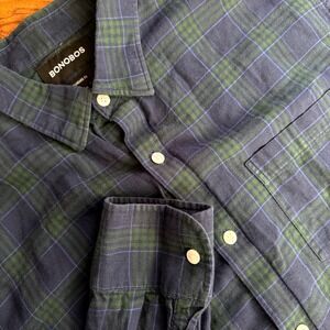 BONOBOS Mens Plaid Long Sleeve Button Down Shirt Standard Fit Navy Green Size L